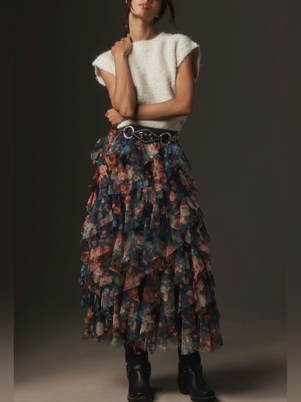 Anthropologie Chéri Ruffled Tulle Midi Skirt 1X Plus Botanical Floral Mesh